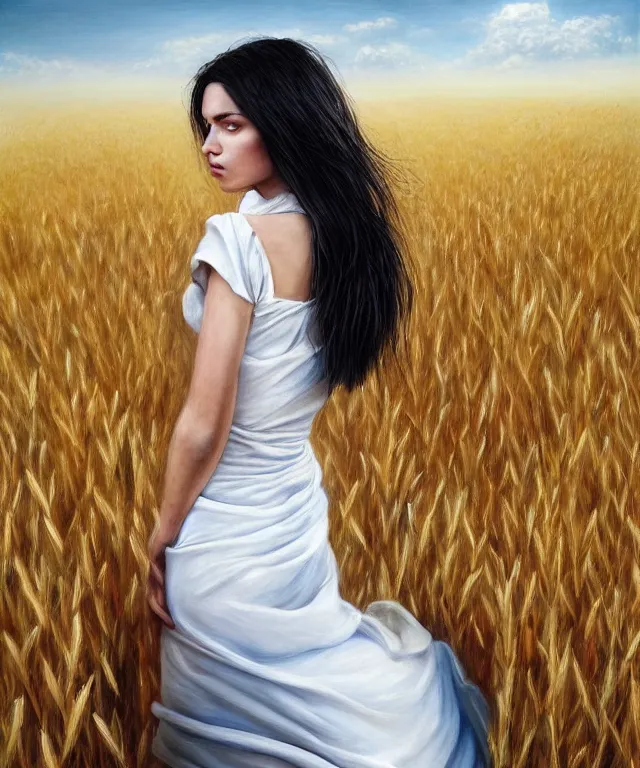 Prompt: hyper realistic detailed painting of a paludnitsa! ( in a lush wheat crop ). perfect face, beautiful!, white dress, menacing!, melancholic!!, long black hair, blue sky, highly detailed, sharp focus, digital painting, art by eddie mendoza, detailed and intricate environment, highly detailed, award winning.