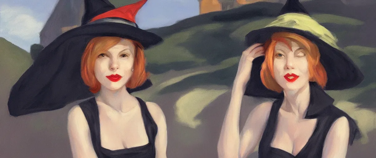 Image similar to a realistic flirty witch portrait, by edward hopper, new artstation artist,