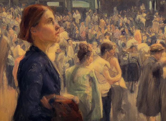 Prompt: portrait of woman in crowd interior airport in the style of, eilif peterssen, pekka halonen, finnish naturalism, realism, realist style, cynical realism, portrait face, in the style of peter ferguson, frantisek kupka, intricate, miles johnston, kuroda