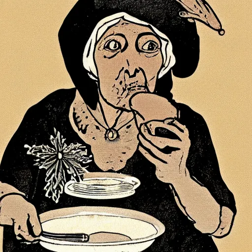 Image similar to a stylized image of an old woman swallowing a whole goat