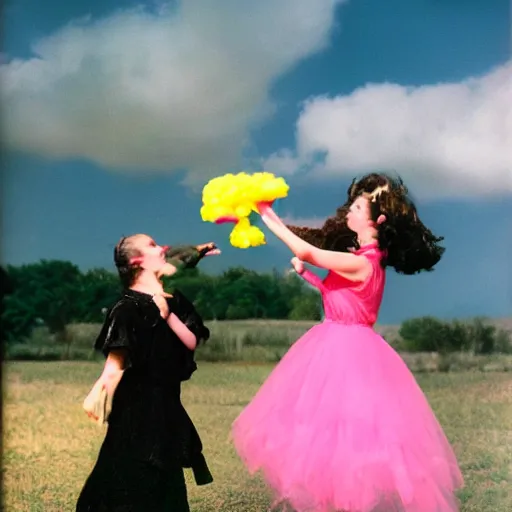 Image similar to dark angel throwing a yellow - pink - black birthday cake from the clouds onto a woman with two dogs, kodak film