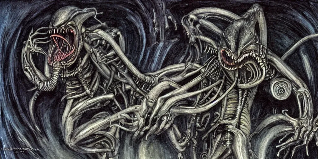 Prompt: xenomorph in the style of HR Giger, color cave painting