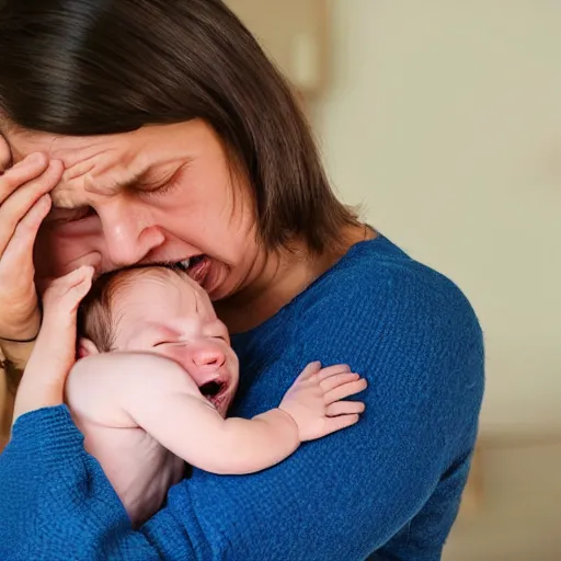 Prompt: mother crying and holding baby daughter weeping in despair in style of rosemary laing