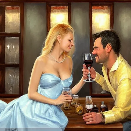 Image similar to blonde woman and Jango Fett drinking beer in a wine cellar, atmospheric, aphrodisiac, romantic, cozy, inviting, love, painting by Vladimir Volegov