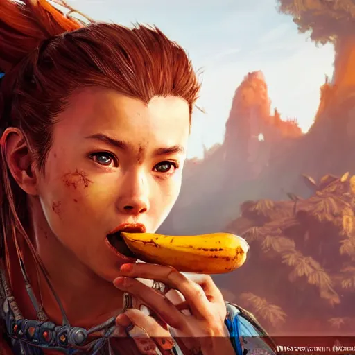 Image similar to wide shot, aloy from horizon zero dawn eating a bannana, digital art, highly detailed, digital painting, symmetry, concept art, sharp focus, illustration, art by artgerm! greg rutkowski magali villeneuve wlop! ilya kuvshinov!!, octane render