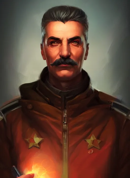 Image similar to « a portrait o cyberpunk joseph stalin, glowing eyes, a digital painting by charlie bowater, featured on cgsociety, fantasy art, behance hd, wiccan, artstation hd »