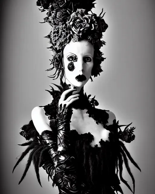 Image similar to dark surreal poetic black and white photo of a beautiful young silver bio-mechanical-female-vegetal-cyborg with a fur metal fine lace face, a very long neck and a fine metal floral foliage super big gothic lace collar and very high big floral crown with many black dry roses by Vivienne Westwood:: smoke, high fashion, haute couture, rococo, avant-garde, silver filigree details, anatomical, facial muscles, cable wires, microchip, elegant, dreamy, foggy atmosphere, hyper realistic, 150 mm lens, soft rim light, octane render, unreal engine, picture was taken in 1910 by Man Ray, volumetric lighting, dramatic light,8k,