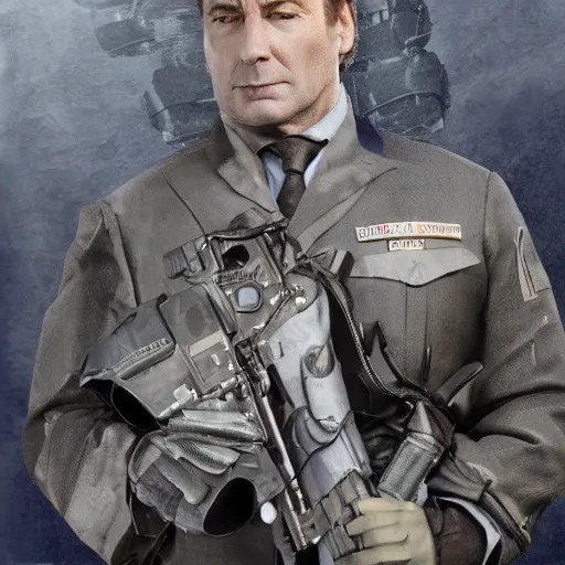 Image similar to Saul Goodman wearing heavy modern military gear and (holding a machine gun), highly detailed, 4k