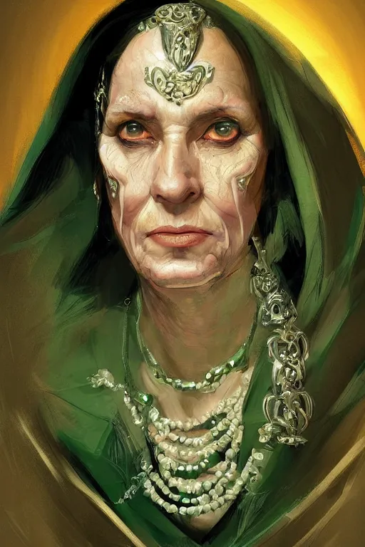 Image similar to portrait, headshot, digital painting, of a 17th century, beautiful, middle aged, middle eastern, wrinkles, decadent, cyborg noble woman, dark hair, amber jewels, baroque, ornate dark green opulent clothing, scifi, futuristic, realistic, hyperdetailed, concept art, chiaroscuro, side lighting, art by syd mead