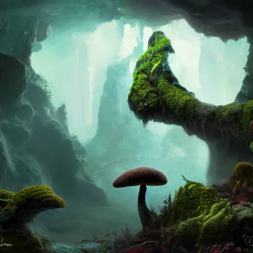 Image similar to tom bagshaw, mythical gigantic space cavern, soft painting 3 d render curiosities carnival pond vegetation rocks mushrooms and tentacles covered moss, luminescent wisps, stunning waterfall, accurate features, focus, very intricate ultrafine details, random volumetric lighting, fog, award winning masterpiece, octane render 8 k hd, artstation