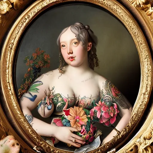 Prompt: ultra detailed, 4 k portrait of a tattooed woman in baroque dress, fully dressed by rachel ruysch