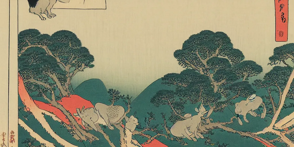 Image similar to ukiyo - e woodblock print of a rabbit on top of a hill, trees in the background, by hokusai