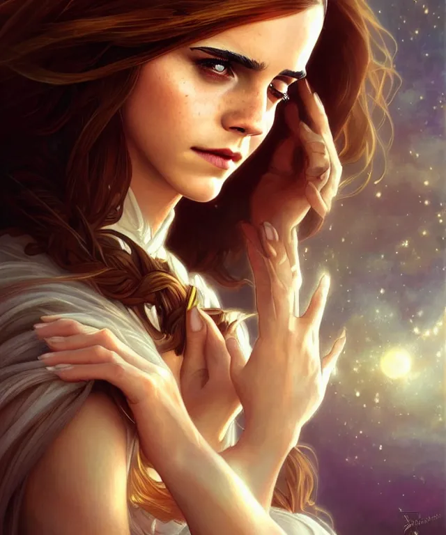 Prompt: Emma Watson as a fantasy magic woman portrait, sci-fi, amber eyes, face, long hair, fantasy, intricate, elegant, highly detailed, digital painting, artstation, concept art, smooth, sharp focus, illustration, art by artgerm and greg rutkowski and alphonse mucha