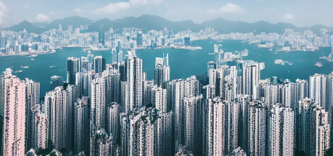 Image similar to Retro Futuristic 30mm photo of Hong Kong Skyline, 4K, very detailed