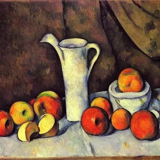 Image similar to still life with apples cup and pitcher by paul cezanne,