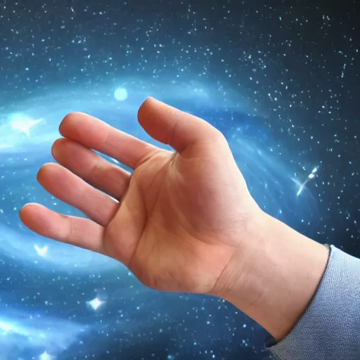 Prompt: male hands trying to gently hold a galaxy, high detail of hands, sci fi