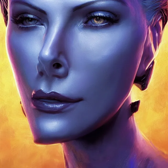 Image similar to charlize theron as mystique. x - men. intricate abstract. intricate artwork. by tooth wu, wlop, beeple, dan mumford. octane render, trending on artstation, greg rutkowski very coherent symmetrical artwork. cinematic, hyper realism, high detail, octane render, 8 k, iridescent accents