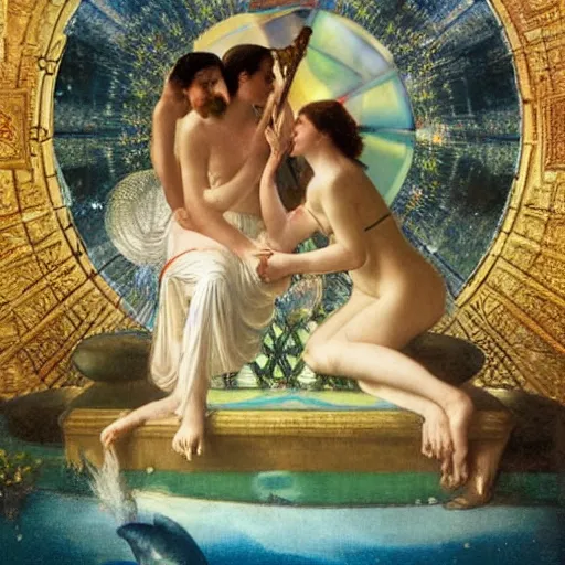 Prompt: The queen's throne, refracted sparkles, thunderstorm, greek pool, beach and Tropical vegetation on the background major arcana sky, by paul delaroche, alphonse mucha and arnold böcklin, hyperrealistic symmetrical 8k, award-winning, very very very detailed