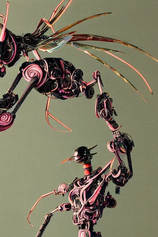 Prompt: a slim intricate detailed anime robot with fluo color detail, and muted arm colors, that looks like a insect, on top of a painting of plastic synthetic ionized metal flower sculptures