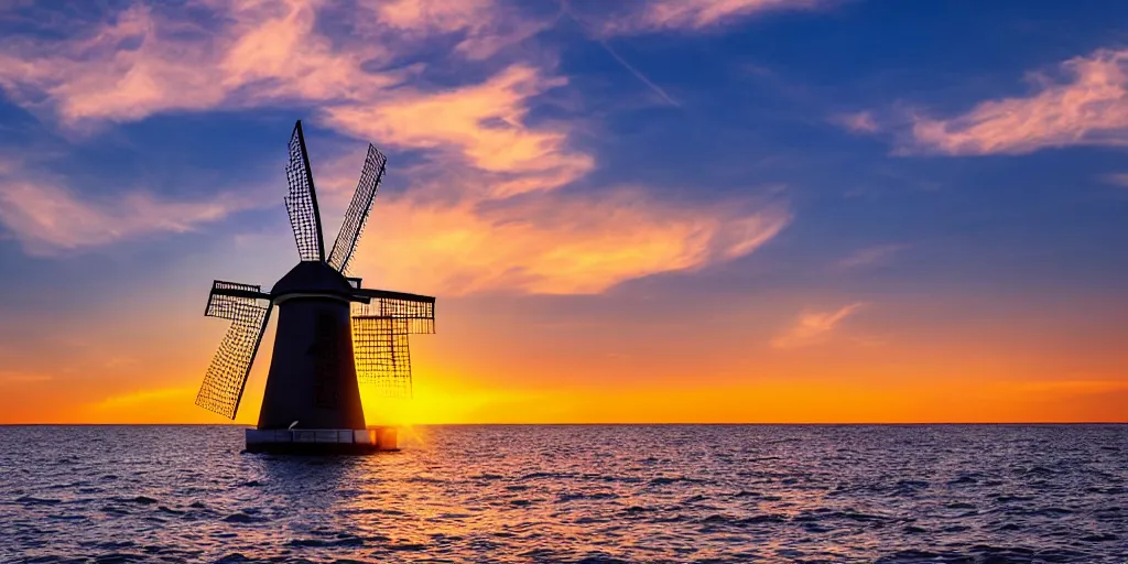 Image similar to Beautiful award winning photograph of a pretty sunset with an island floating in the sky, with a windmill on top, 4k