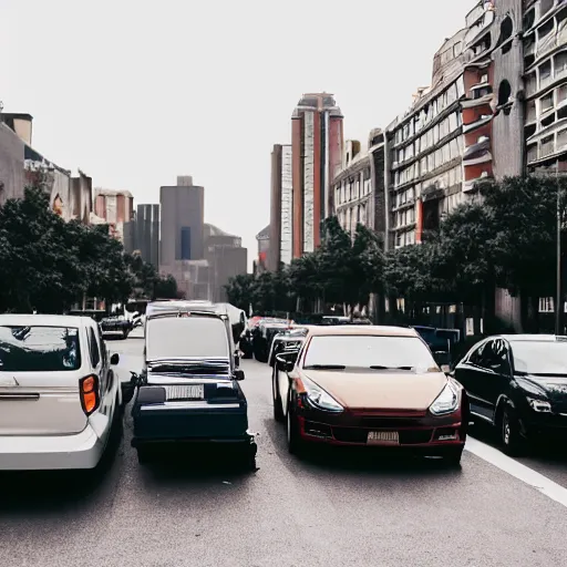 Image similar to a bunch of cars that are sitting in the street, a matte painting by niko henrichon, trending on unsplash, stuckism, cityscape, depth of field