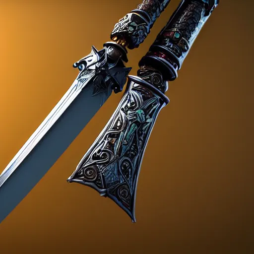 Prompt: a mythic legendary detailed multicolor sword, octane render, unreal engine, 3D, 8K, as coherent as Dall-E 2