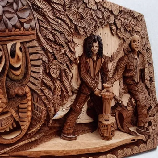 Image similar to intricate wood carving of michael jackson having a picnic