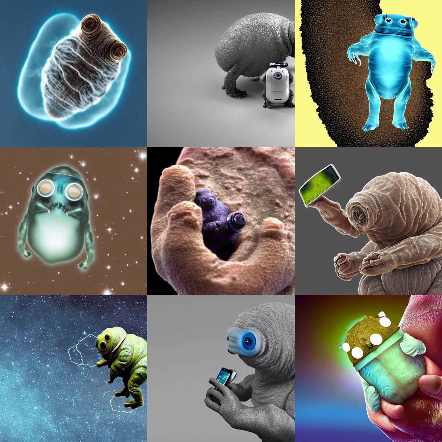 Prompt: Tardigrade holding a small cellphone, electron microscope view,