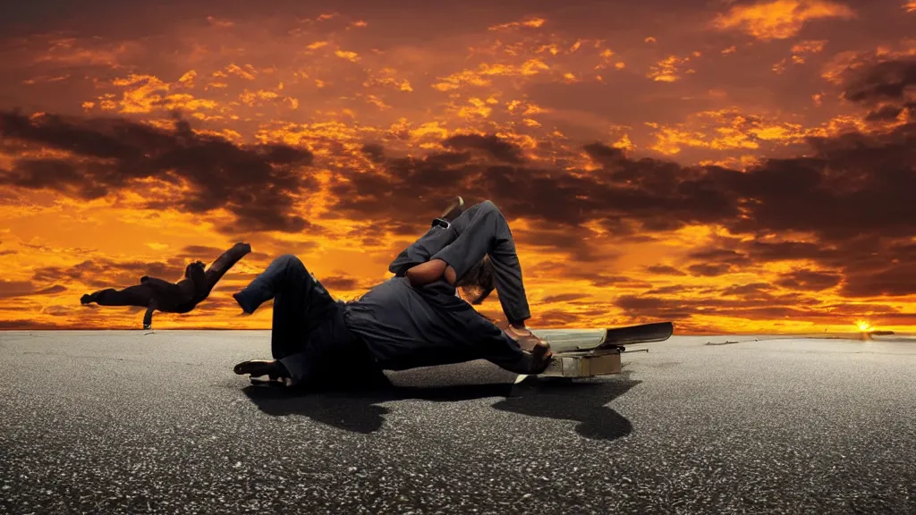 Image similar to movie still of a man laying on top of a car driving on the runway of an airport, sunset, golden hour