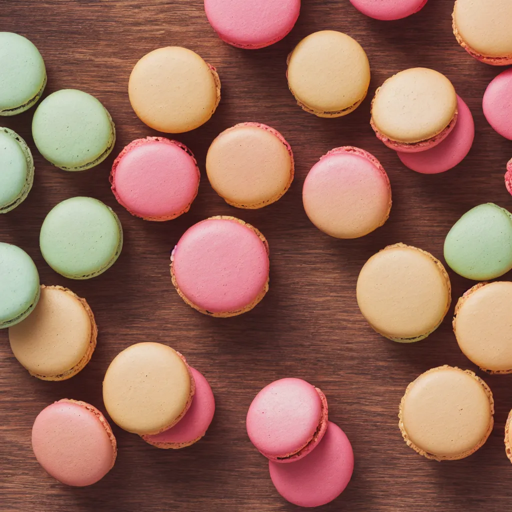 Prompt: top-down view of macarons on top of a wooden table, 4k, photorealistic