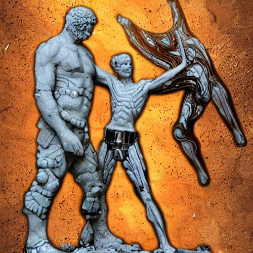 Prompt: David versus Goliath, cyborg marble statue, fractal composition, melting