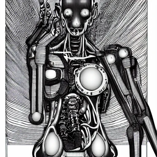 Image similar to horrific cyberpunk robot human cyborg, flesh and bones exposed, junji ito style manga drawing, highly detailed