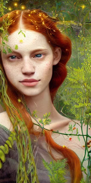 Prompt: young woman, smiling amazed, among firefly lights, full covering intricate detailed dress, amidst nature, long red hair, precise linework, accurate green eyes, small nose with freckles, beautiful oval shape face, empathic, expressive emotions, dramatic lights, hyper realistic ultrafine art by artemisia gentileschi, jessica rossier, boris vallejo