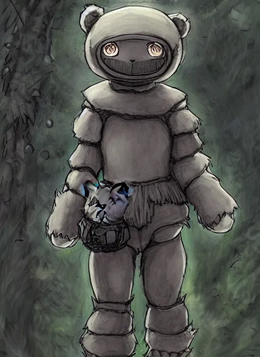 Image similar to beautiful little boy wearing an cyborg bear suit, artwork in kentaro miura and made in abyss and rosdraws, smooth, beautiful lightness, anatomically correct, trending on pixiv, forest