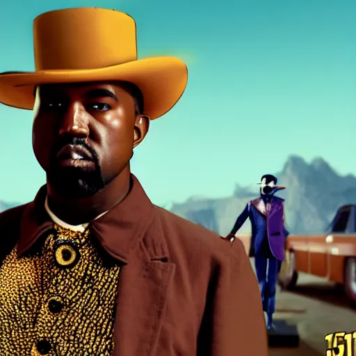 Image similar to Kanye West as willy wonka in fallout new vegas, splash art, movie still, cinematic lighting, dramatic, octane render, long lens, shallow depth of field, bokeh, anamorphic lens flare, 8k, hyper detailed, 35mm film grain