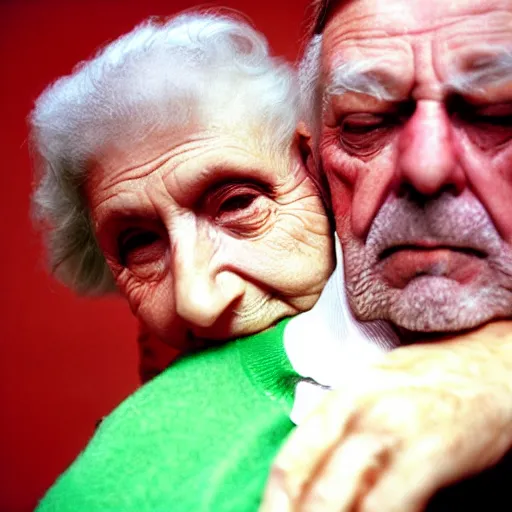 Image similar to a medium shot, colored studio photographic portrait of a old couple, dramatic, from below light, kodachrome camera, kodachrome, with strong reds and greens, 1 9 9 9 photo from life magazine,
