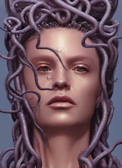 Image similar to Medusa, detailed face, very detailed, dramatic lighting, electrical details, high details, 4k, 8k, trending on artstation, by Greg Rutkowski, Wayne Barlowe, Hajime Sorayama and Boris Vallejo