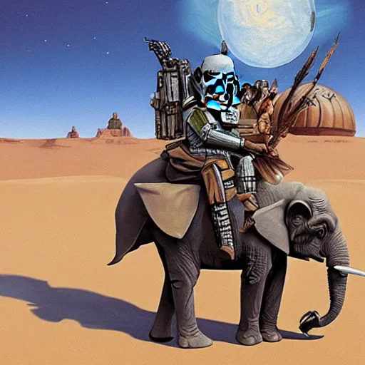 Prompt: painting of sormtrooper riding an elephant on the background of mos eisley on tatooine, intricate, high detail