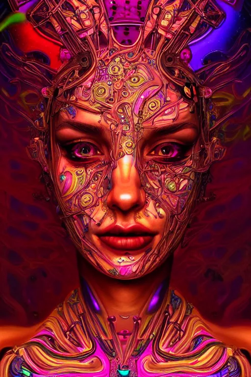 Image similar to extremely beautiful psychedelic cyborg queen of lsd. intricate, elegant, highly detailed lifelike photorealistic extremely lush digital painting. masterpiece. melancholic scene infected by night. perfect composition and lighting. sharp focus. artstation. sultry.