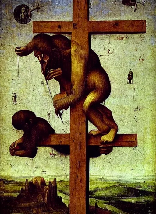 Image similar to Bored Ape on the Cross like Jesus by Hieronymus Bosch, day time sky, surreal oil painting, highly detailed, dream like, masterpiece