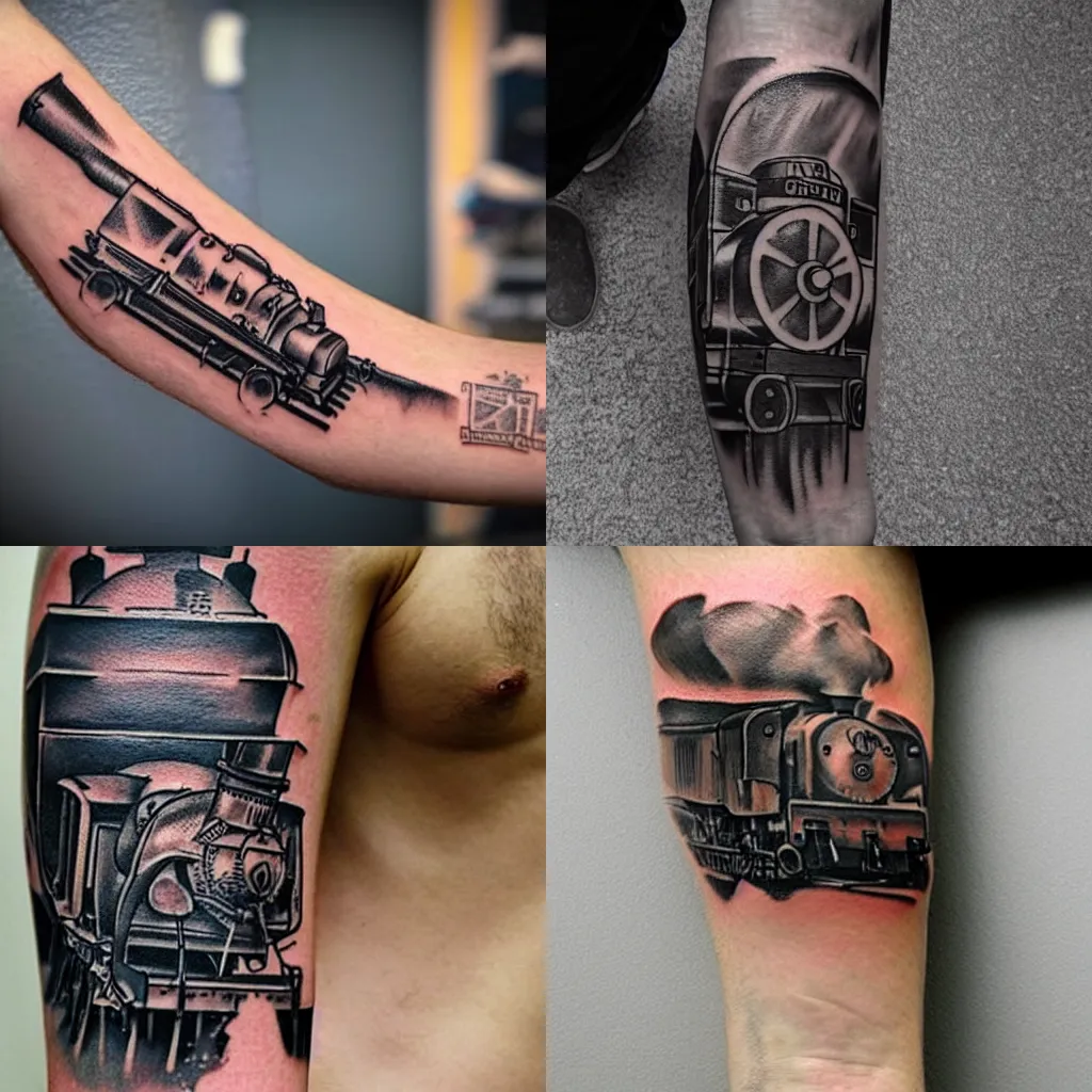Prompt: tattoo of a steam locomotive on rails, along length of forearm