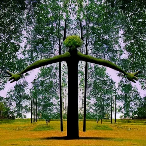 Prompt: a picture that does not show a human being, but is an optical illusion, but many recognize a human being in the structures. it could be trees that are such that the shape represents the shape of a human being.