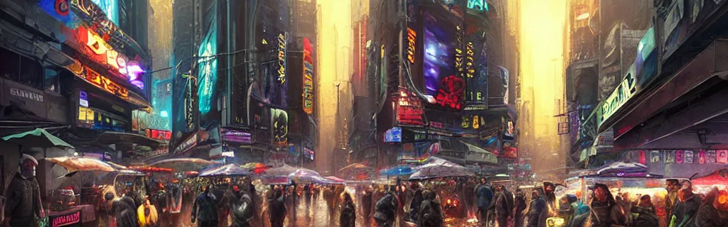 Image similar to a busy cyberpunk street marketplace with a heavy police presence. night, raining, 8 k, epic cinematic hyperrealism masterpiece. realistic poster with shaded lighting by craig mallismo, artgerm, jeremy lipkin and michael garmash, unreal engine, radiant light, detailed and complex environment, digital art, art station trends, detailed, lens flare, motion blur