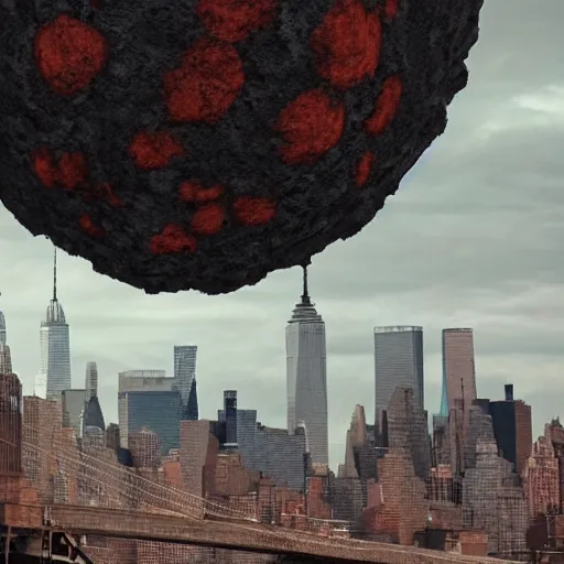 Image similar to cinematic still of giant rusty ball destroyed new york, post apocalyptic