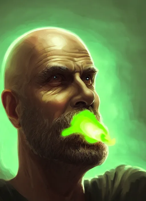 Image similar to a highly detailed illustration of bald old man smoking with green glowing eyes, dramatic cigarette in mouth pose, nuclear background, intricate, elegant, highly detailed, centered, digital painting, artstation, concept art, smooth, sharp focus, league of legends concept art, wlop.