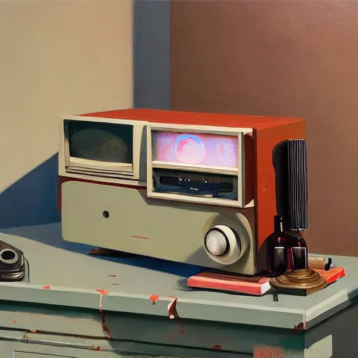 Image similar to an achingly beautiful still life featuring an old Radio with red wine , very coherent, painted by Edward Hopper, Wayne Barlowe, painted by James Gilleard, airbrush, art by JamesJean