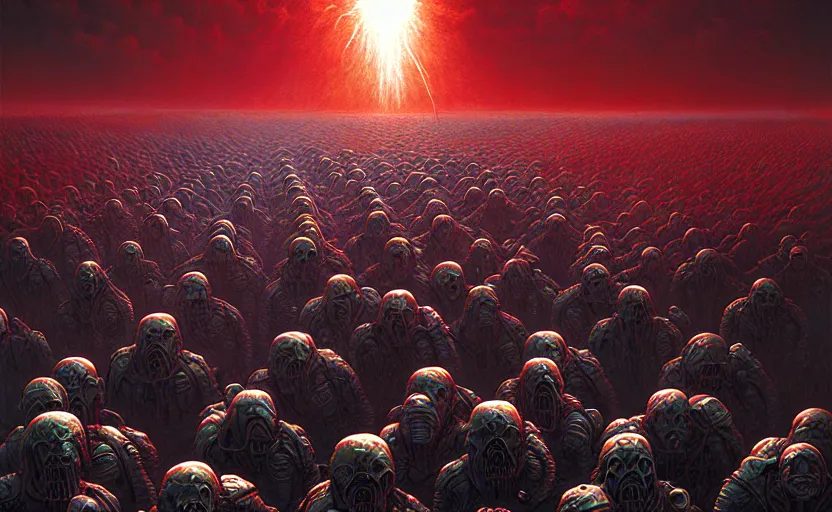 Prompt: cyborg army invading hell by dan mumford and zdzisław beksinski, fine details, digital art, volumetric lighting, cinematic light, photorealistic