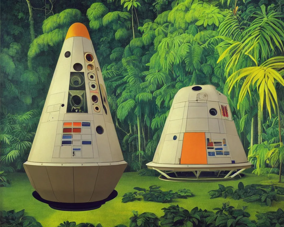 Image similar to an achingly beautiful print of an Apollo command module in the middle of a tropical rainforest by Raphael, Hopper, and Rene Magritte. detailed, romantic, enchanting, trending on artstation.