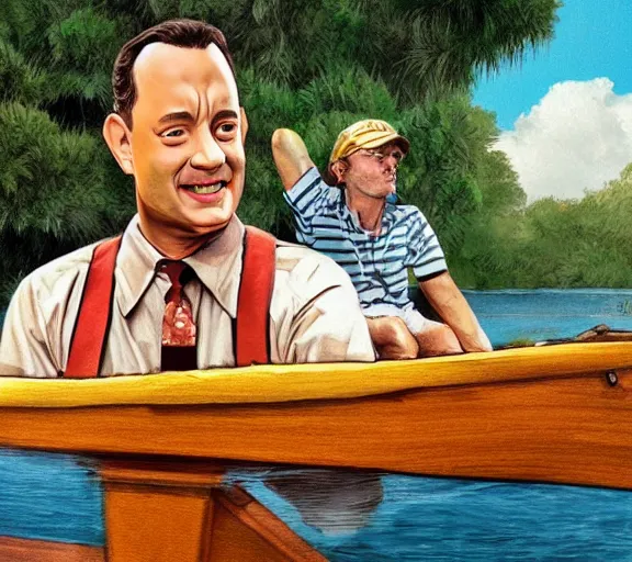 Image similar to Tom hanks as forrest gump sitting in a giant shrimp boat, majestic beautiful world, digital art, hyper detailed, artstation, in the style of maurice sendak