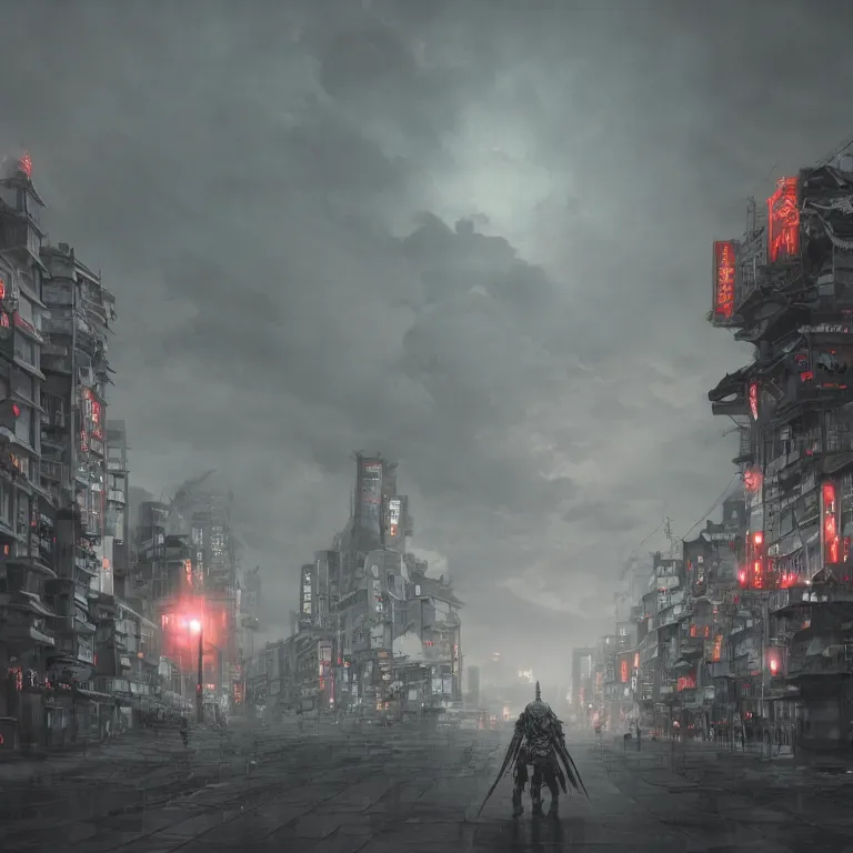 Prompt: evil robot attacking feudal japan city, moody sky, dramatic lighting, painted by James Jean and Wayne Barlowe and moebius, high details , cinematic, denoised, octane render, fog, spooky, cgsociety 8k